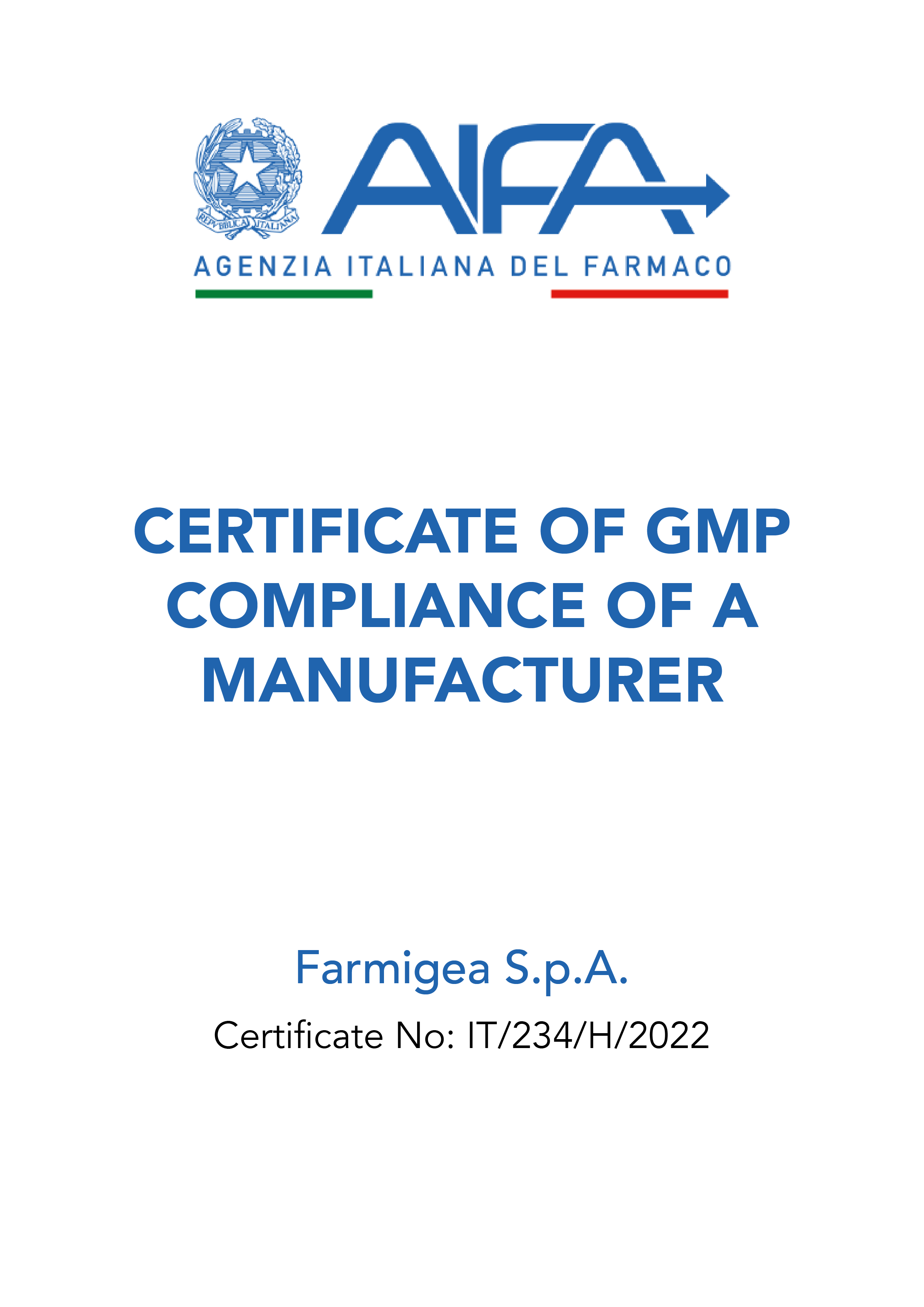 GMP Certification Aifa